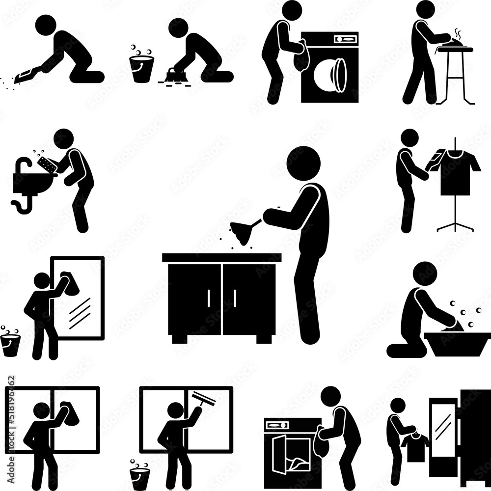 Poster man dusting icon in a collection with other items