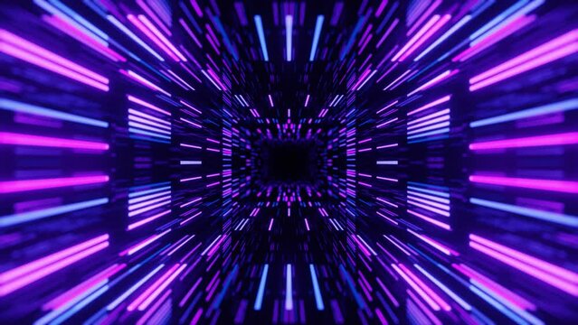 4k seamless looped animation. Fly through mirror symmetrical tunnel with neon pattern, sci fi glow pattern. Bright reflection neon light. Simple bright background, sci fi structure