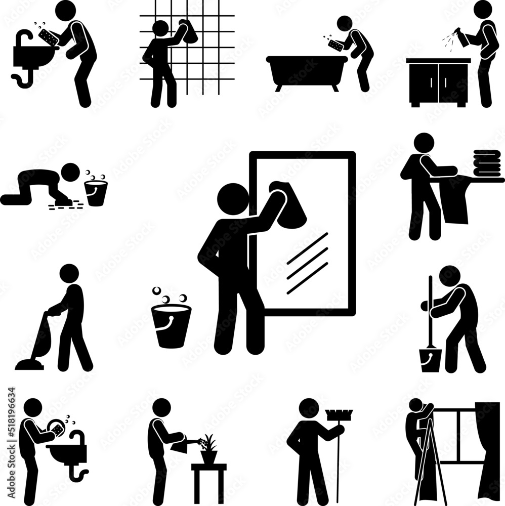 Poster man wiping mirror icon in a collection with other items