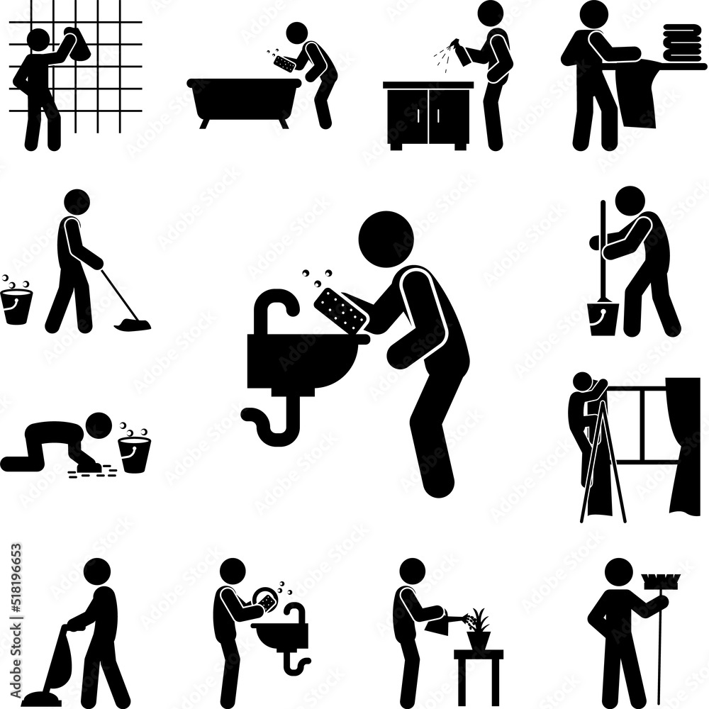 Poster man cleaning icon in a collection with other items