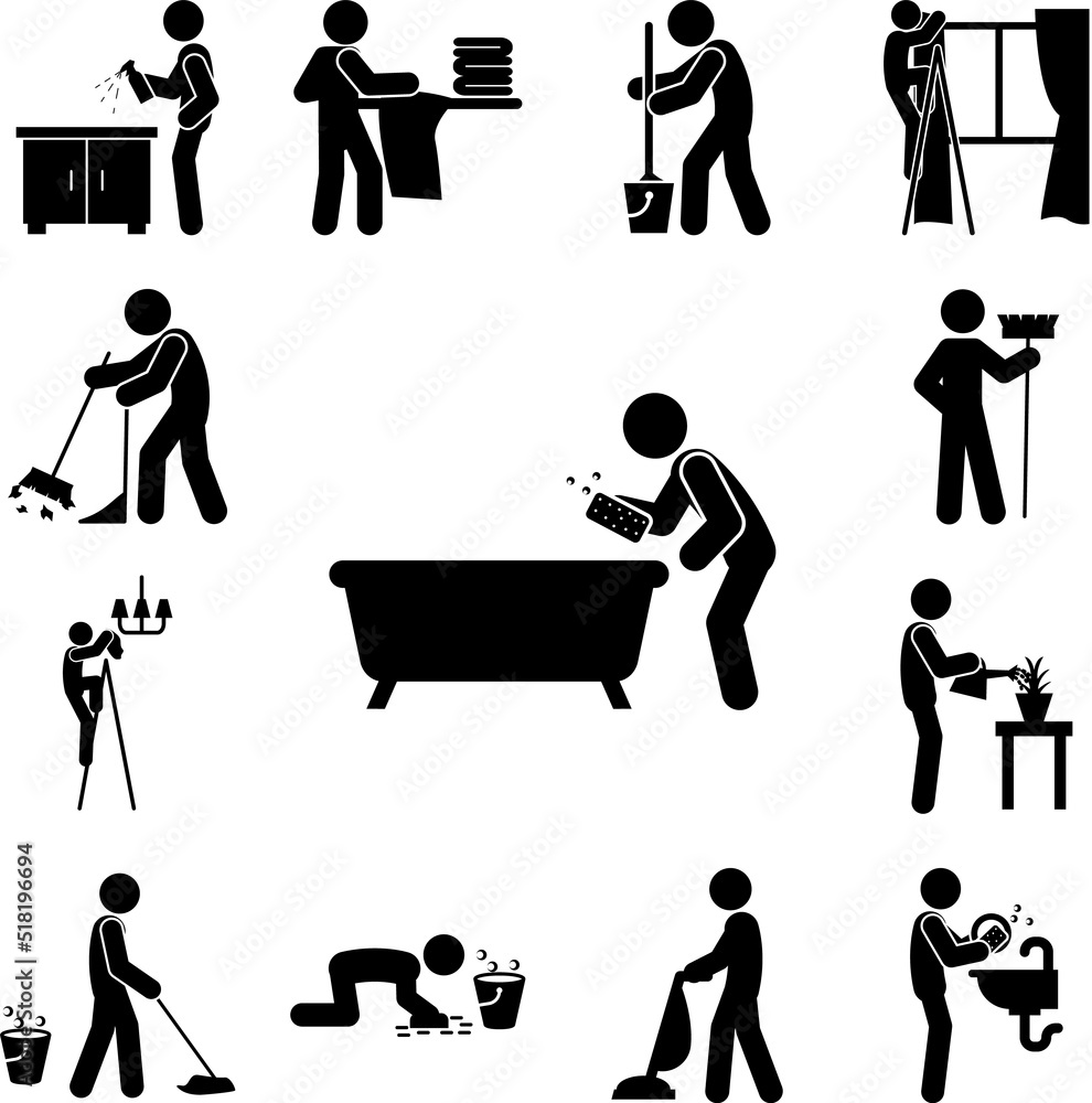 Poster man cleaning icon in a collection with other items