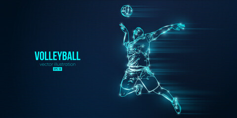 Abstract silhouette of a volleyball player on blue background. Volleyball player man hits the ball. Vector illustration