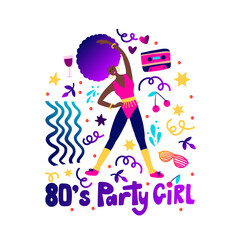 80's retro music party poster funky vector fashion aerobic girl card for print