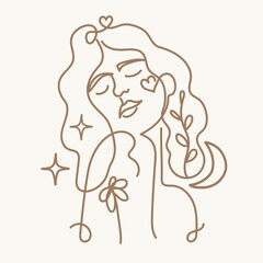 Vector illustration with one line hand drawn woman portrait with flowers, stars, moon and hearts. Beauty fashion female print design, girl linear logo or icon boho concept art