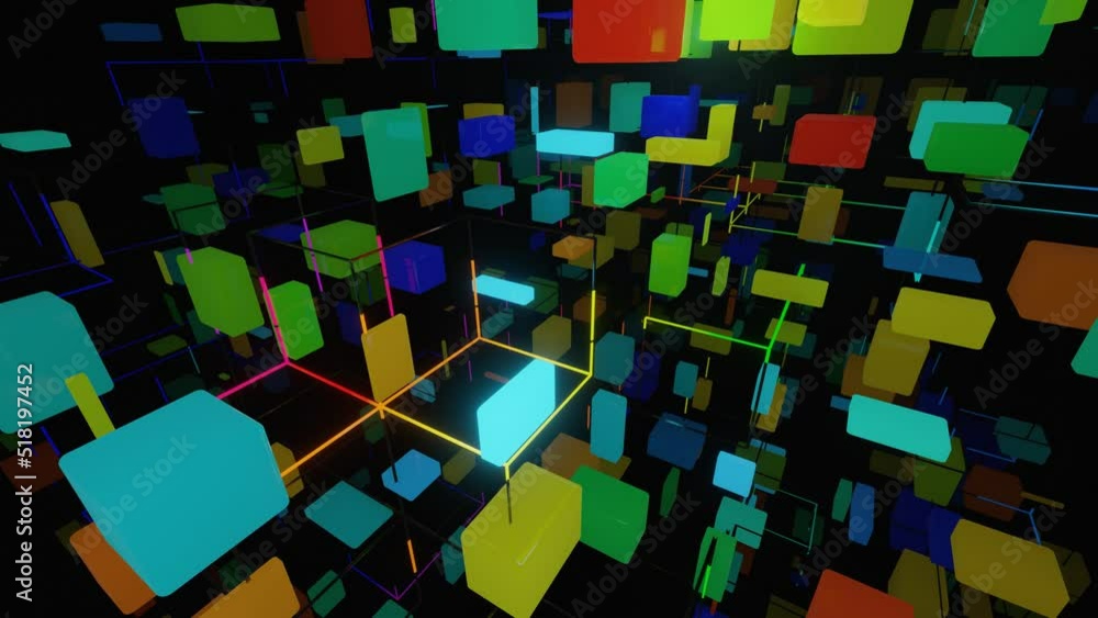 Poster 3d looped background in 4k. glow multicolor blocked or boxes light up. complex structure