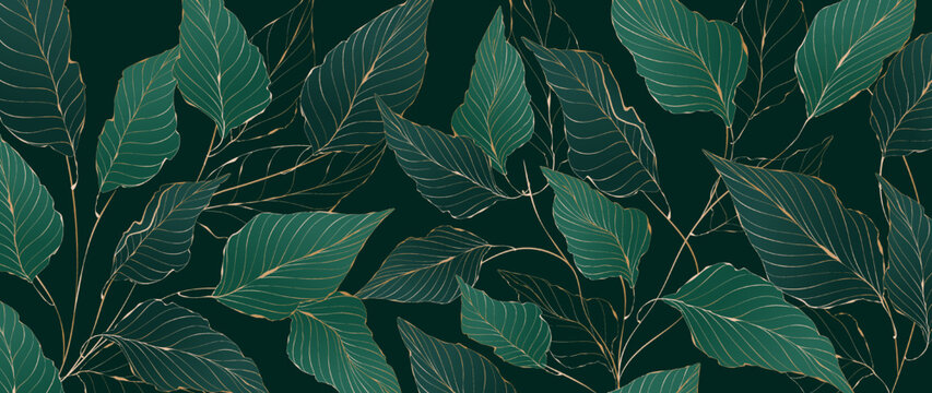 Luxury abstract art background in green tones with tropical leaves in golden line style. Hand drawn botanical banner for decoration design, print, interior design, wallpaper.
