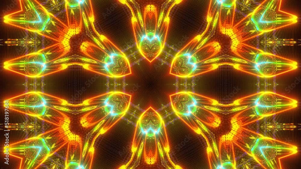 Poster symmetrical pattern. 4k neon kaleidoscope seamless looped background with glow neon lines and mirror