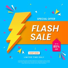 Flash sale banner template design. Abstract sales banner. 85% discount promotion banner design. 3d vector illustration