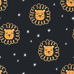 Cute lion seamless pattern. Hand-drawn vector illustration