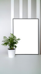 Modern panel with plant in an office room. Minimalist black frame mockup
