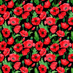 Watercolor hand drawn poppies seamless pattern. Botany illustration of red poppy. Field of red flowers. Design for background, packaging, cover, decor, textile elements.