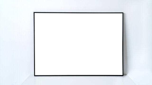 Modern panel on table of office room. Minimalist black frame mockup for design