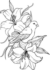 Black and white vector pattern of birds in flowers