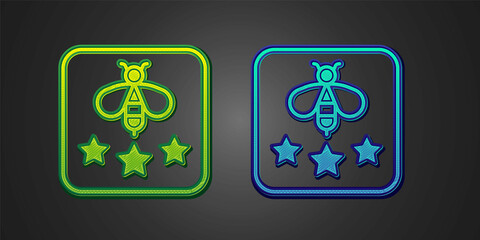 Green and blue Type of bee icon isolated on black background. Sweet natural food. Honeybee or apis with wings symbol. Flying insect. Vector