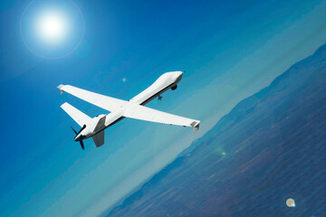 Unmanned aerial vehicle, UAV, in the sky. Elements of this image furnished by NASA