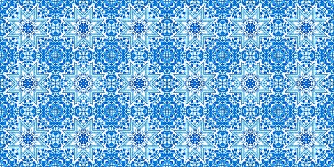 Blue white watercolor azulejo tile border background. Seamless coastal geometrical floral mosaic effect banner. Ornamental arabesque summer fashion repeat edge trim.