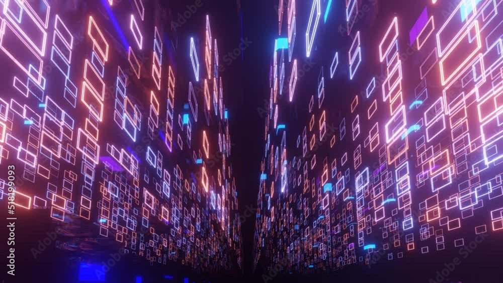 Poster fly through mirror designs form tunnel technology cyberspace with neon glow. sci-fi flight through d