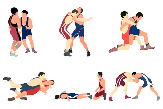 Vector collection of athletes wrestlers in wrestling, duel, fight. Greco Roman, freestyle, classical wrestling.