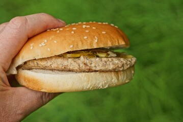 hand holding big brown cheeseburger with cutlet outdoors on green background