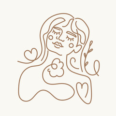 Vector illustration with one line hand drawn woman portrait with flowers and hearts. Beauty fashion female print design, girl linear logo or icon boho concept art