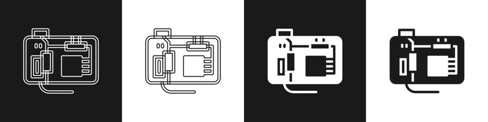Set Electronic computer components motherboard digital chip integrated science icon isolated on black and white background. Circuit board. Vector
