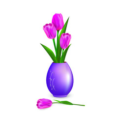 Violet ceramic vase with a bouquet of three pink tulips and one flower nearby. Vector illustration for project of interior design, flower shop advertising banner, greeting card, other.