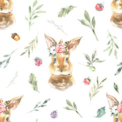 Watercolor woodland animals nursery cute seamless pattern. Forest animals and plants Pattern for kids wallpaper, autumn pattern, digital paper, repeating background,bunny illustration pattern for kids