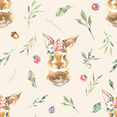 Watercolor woodland animals nursery cute seamless beige pattern. Forest animals and plants Pattern for kids wallpaper, autumn pattern, digital paper, repeating background,bunny illustration diy print