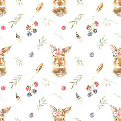 Watercolor woodland animals nursery cute seamless pattern. Forest animals and plants Pattern for kids wallpaper, autumn pattern, digital paper, repeating background,bunny illustration pattern for kids