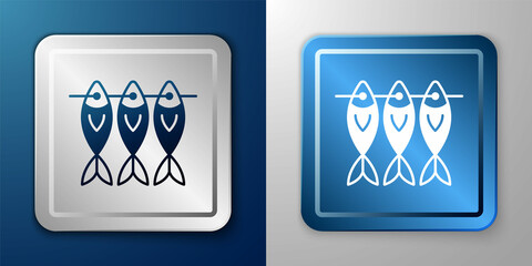 White Dried fish icon isolated on blue and grey background. Silver and blue square button. Vector