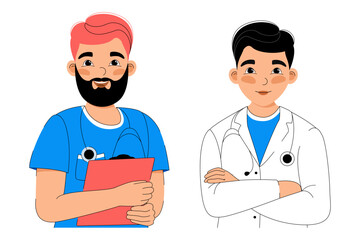 Doctors set, Doctor and intern, doctor and nurse, doctor and nurse working together, vector illustration with doctors