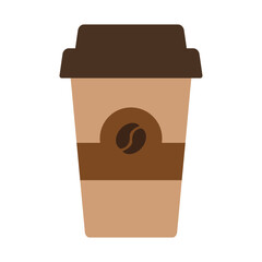 Illustration of a brown coffee glass with a lid and a coffee bean logo. Vector illustration.