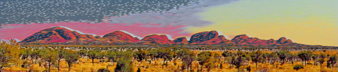 Panoramic View of The Olgas in Australia outback. 