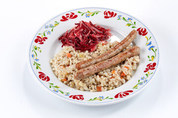 barley with sausage and salad