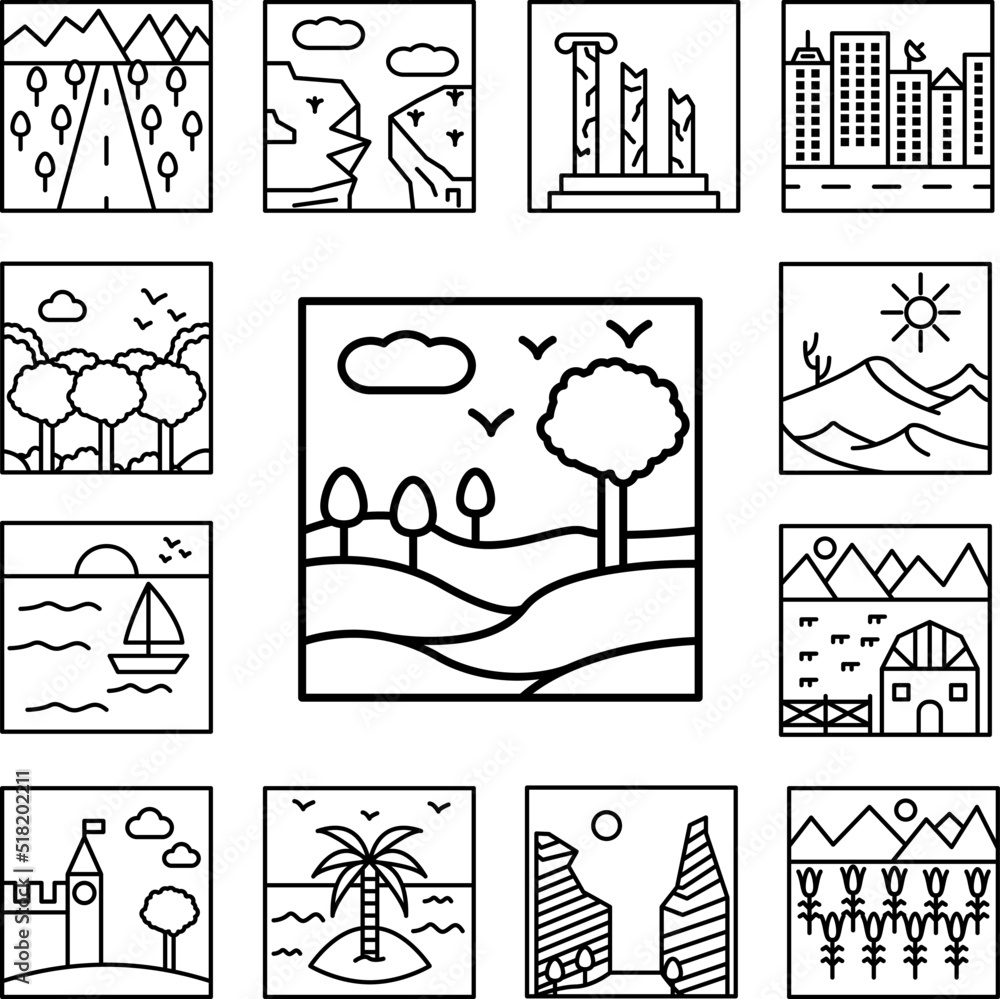 Poster field and trees outline icon in a collection with other items