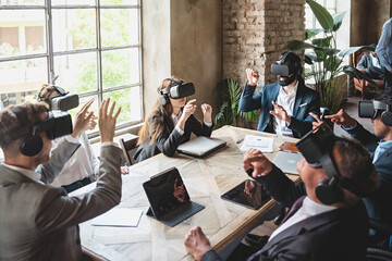 Businesspeople meet in the metaverse for a project presentation using VR 360 goggles - Combining business and technology in the virtual world
