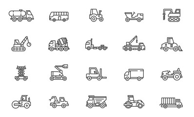 Construction truck line icon set. Garbage container trailer transport vehicle heavy cargo construction industry line icon.