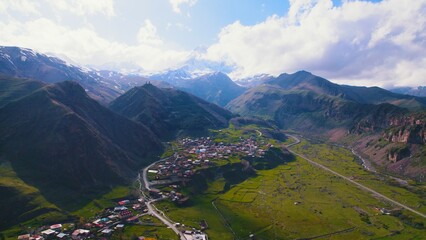beautiful aerial view of Stepantsminda in the Caucasus Mountains, Kazbegi, Georgia. High quality photo