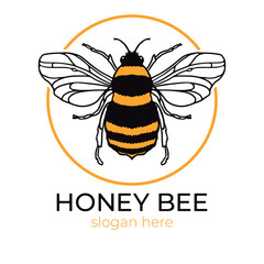 Honey Bee logo with yellow outline circle and text. Design Mascot Vector Illustration. Concept logotype for packaging
