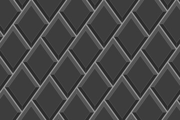 Black rhombus tile in diagonal arrangement. Ceramic or brick wall seamless pattern. Diamond mosaic background. Interior or exterior decoration texture. Vector flat illustration