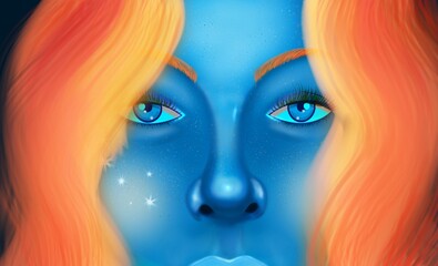 Mysterious woman with blue skin and orange, copper hair, blue eyes with a penetrating gaze and a dark background.