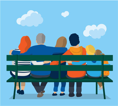 illustration vectorielle repr&eacute;sentant une famille unie , tourn&eacute;e vers l'avenir se tenant par la taille. Parents, grands parents et enfants se soutiennent et sont assis sur un banc