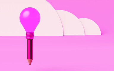 Planning of an idea represented by a pencil with a light bulb in a pink landscape with copy space