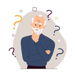Pensioner in quandary. Grandfather looking for answer to question or trying to remember some fact. Diseases of elderly, Alzheimers and amnesia. Senior difficulties. Cartoon flat vector illustration