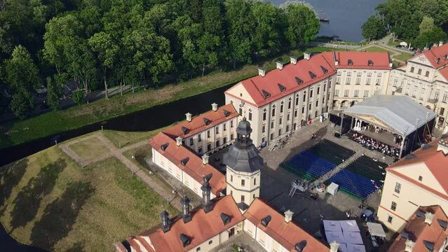 Open air medieval castle used for major theater festivals. Preparation for an opera concert in the entourage of the Middle Ages. Heritage concepts.