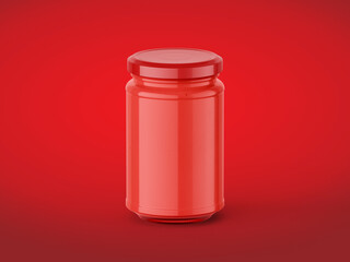 3D illustration. Jar of jam on red background. Strawberry concept