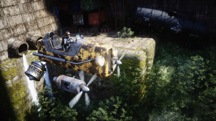 Fantasy fairy cyberpunk city. Girl in flying car. Postapocalypde concept. 3d rendering.