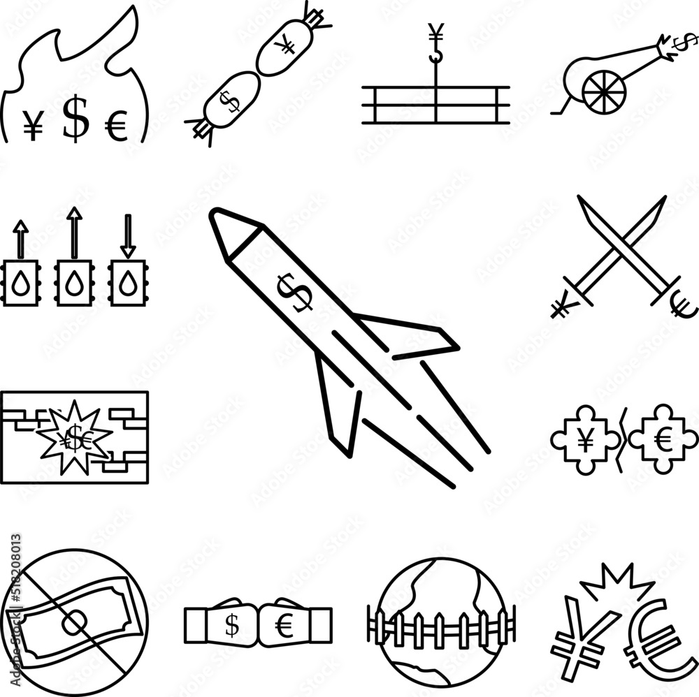 Poster rocket dollar outline style icon in a collection with other items