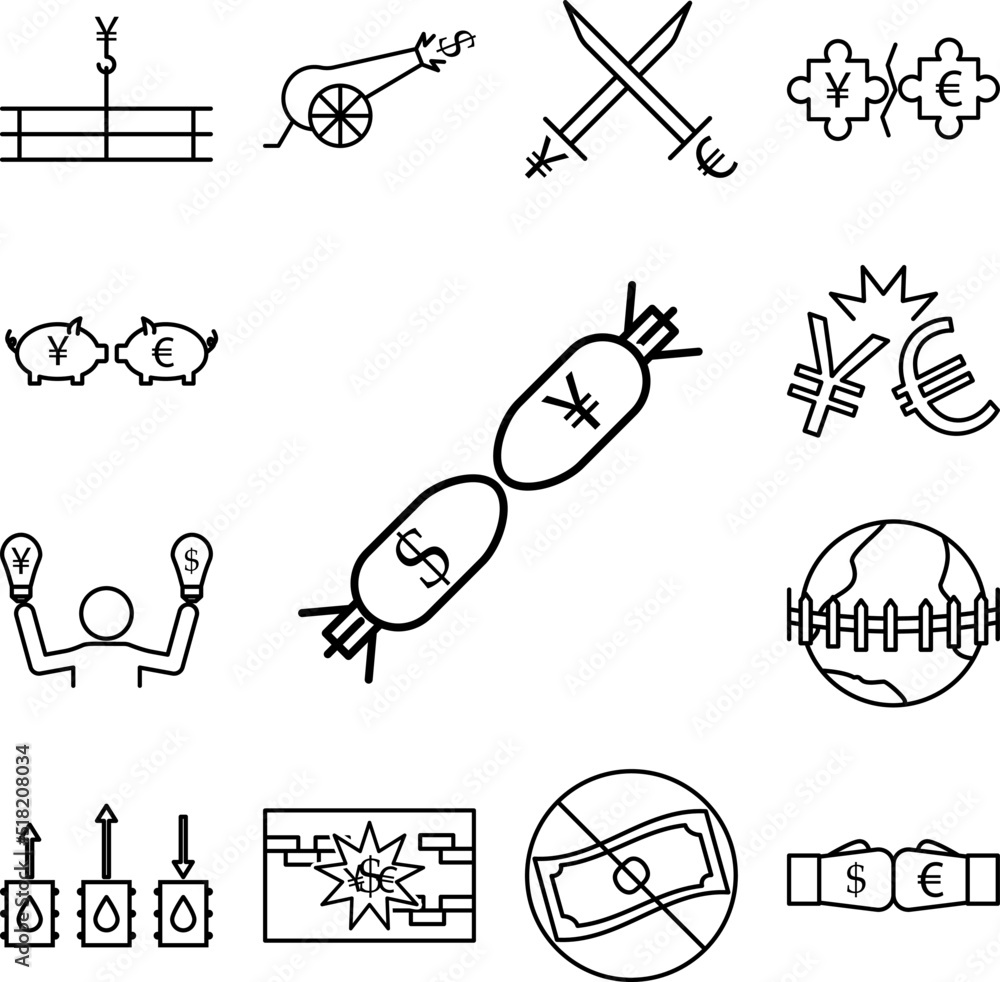 Poster bombs dollar and yen outline style icon in a collection with other items