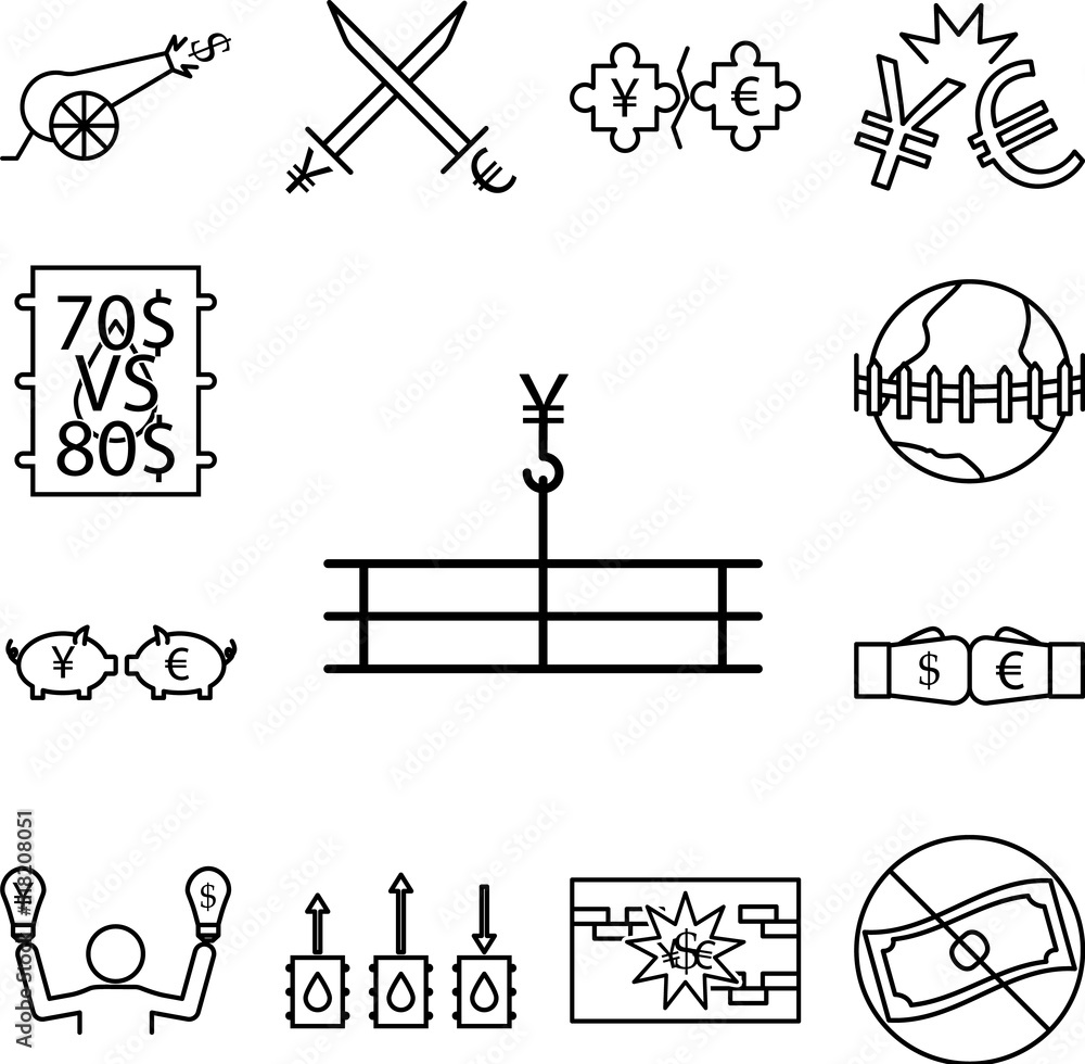 Poster upward yen outline style icon in a collection with other items